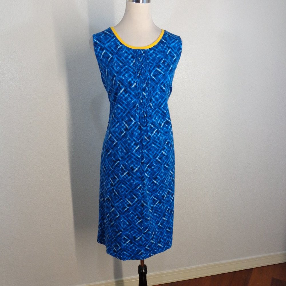 Lands End Womens Shift/Tank Dress Sz Large Blue Yellow Sleeveless Pintuck